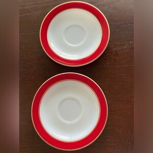 Set of 2 Vintage 1950s Pyrex Gold and Red Rom Milk Glass Saucers